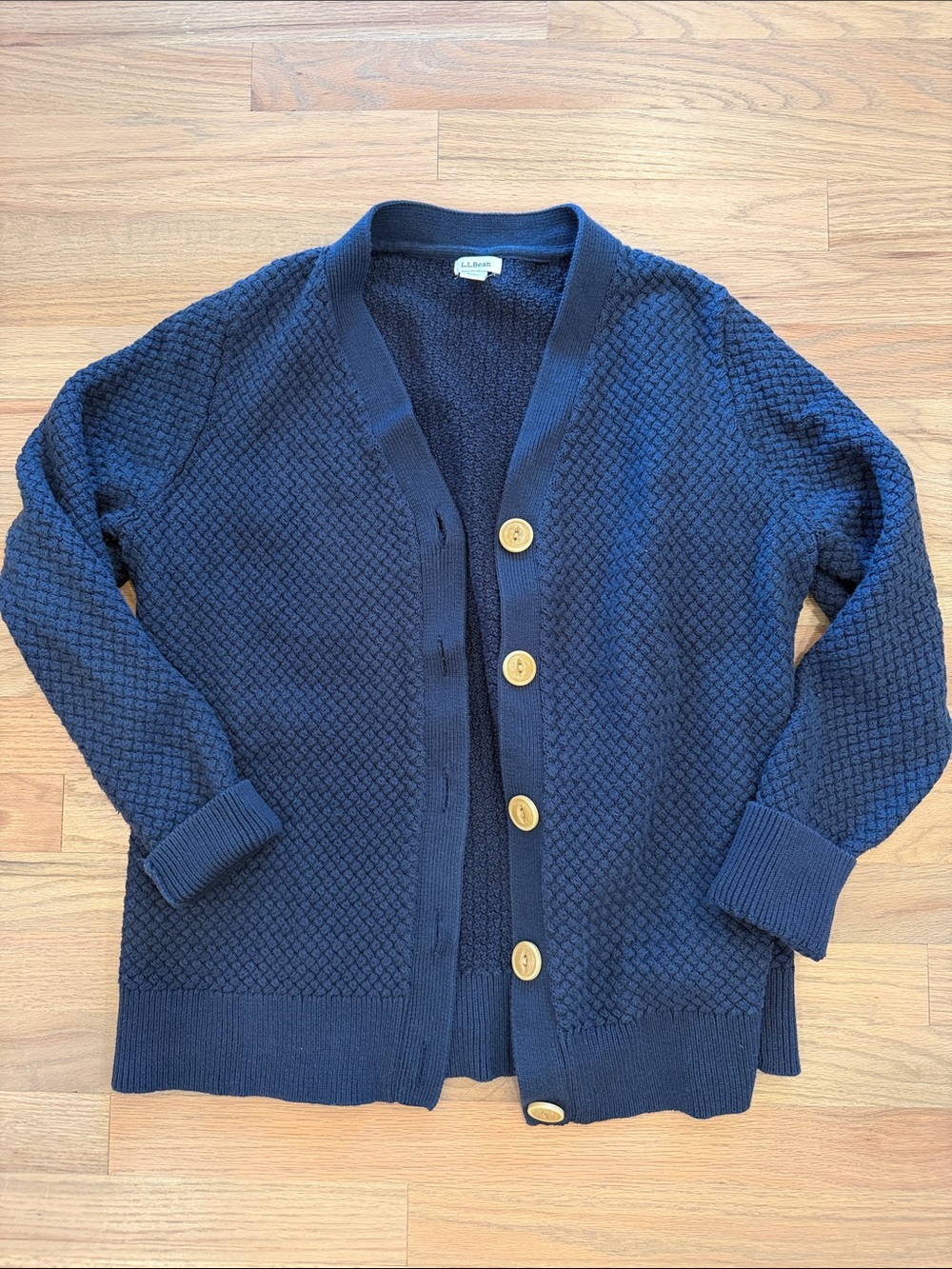 L.L. Bean Navy Textured Knit Button-Front Cardigan - Womens